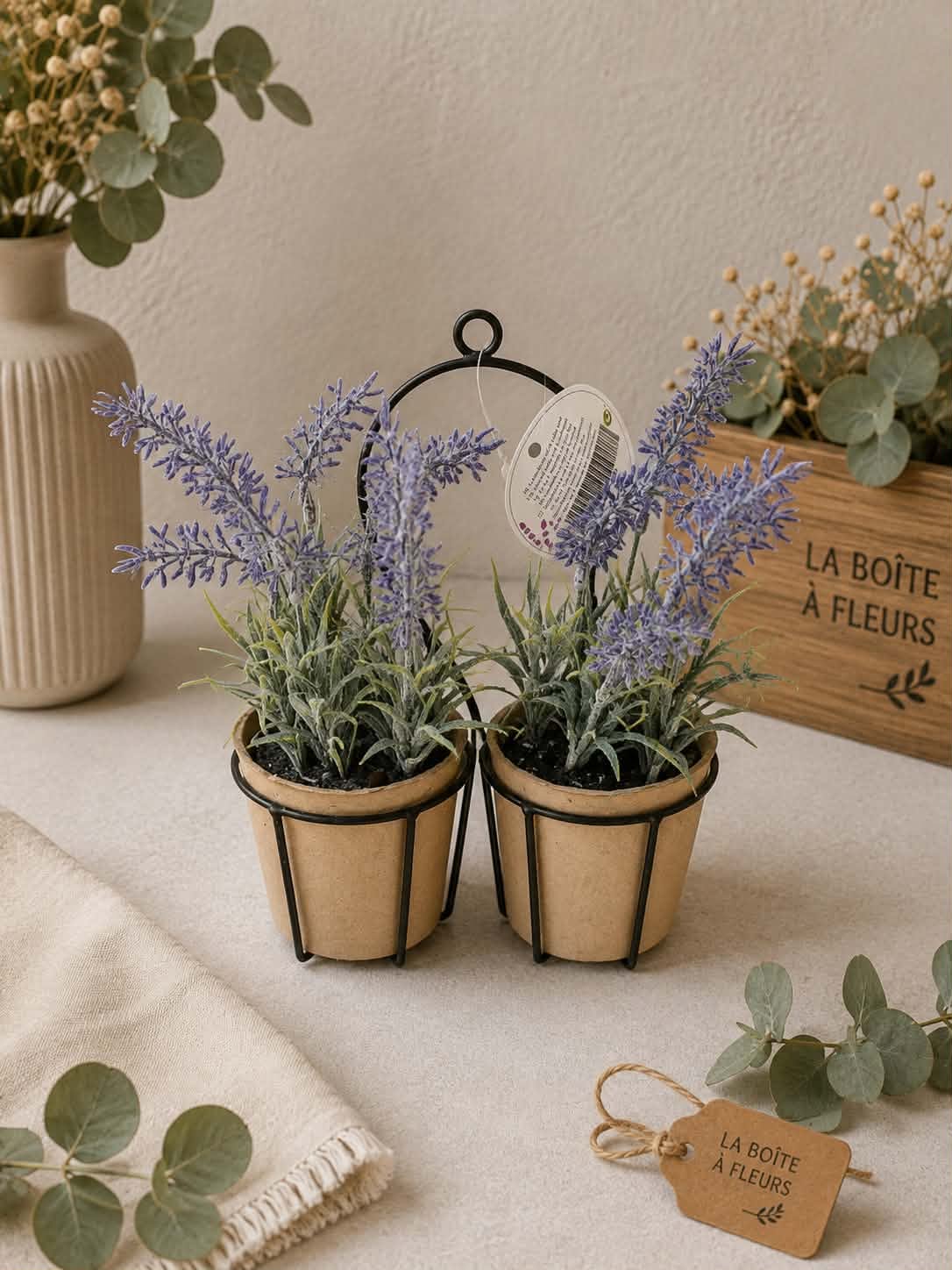 Duo de Pots de Lavande Artificielle sur Support Métal